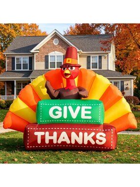 6FT Thanksgiving Inflatable Turkey Yard Decor - Give Thanks Holiday Decoration